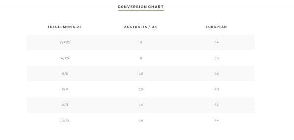 lululemon conversion chart